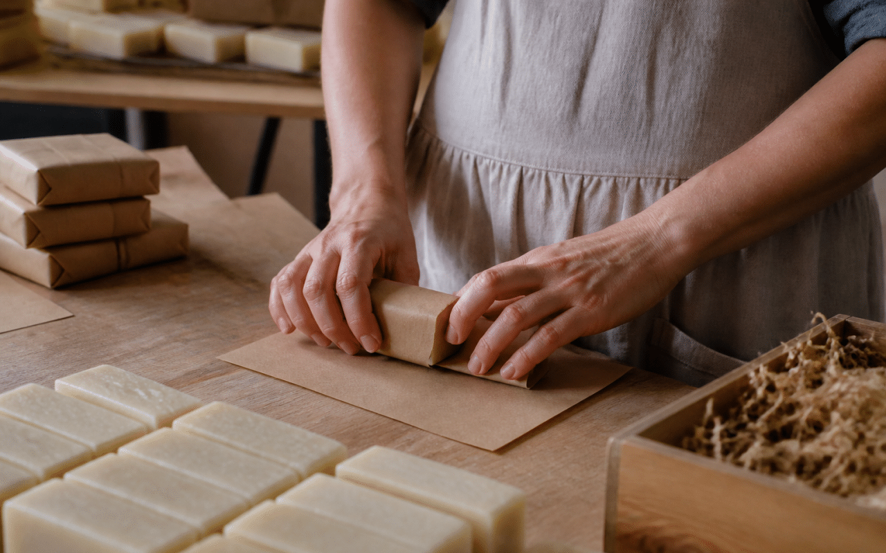 Mains emballant barres de savon sur table de travail