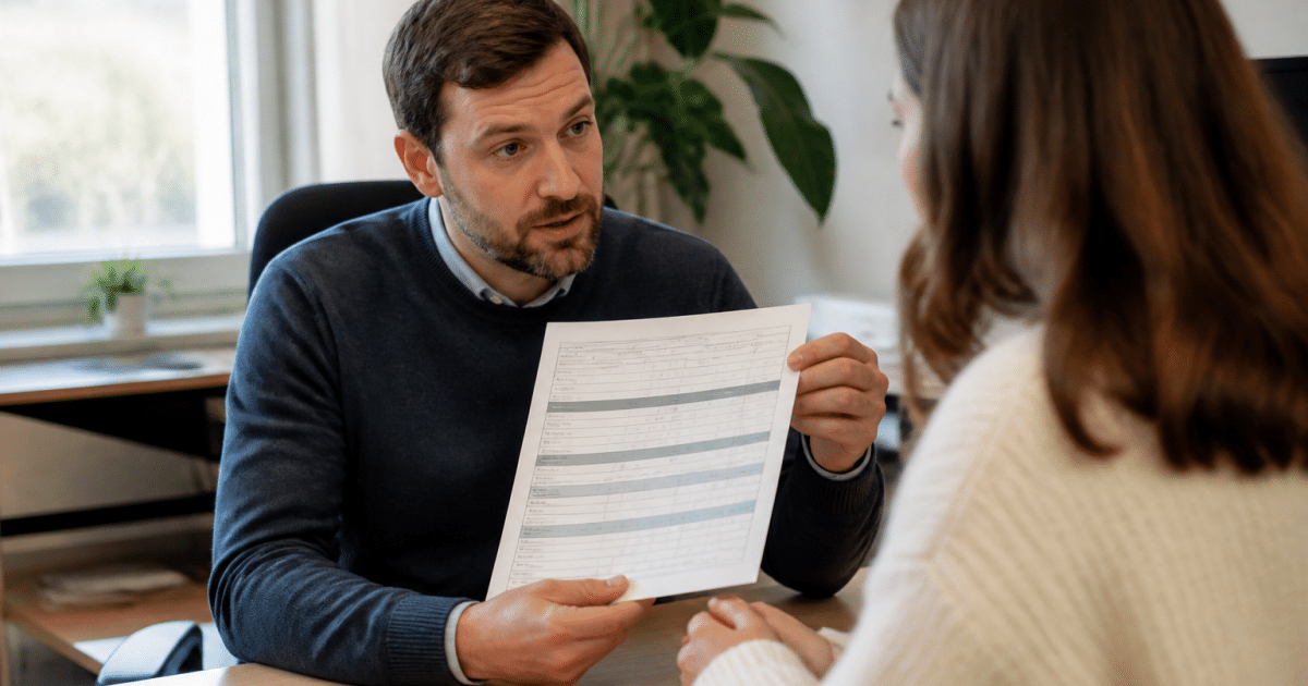 Employé consultant montre feuille horaires réduites assis.