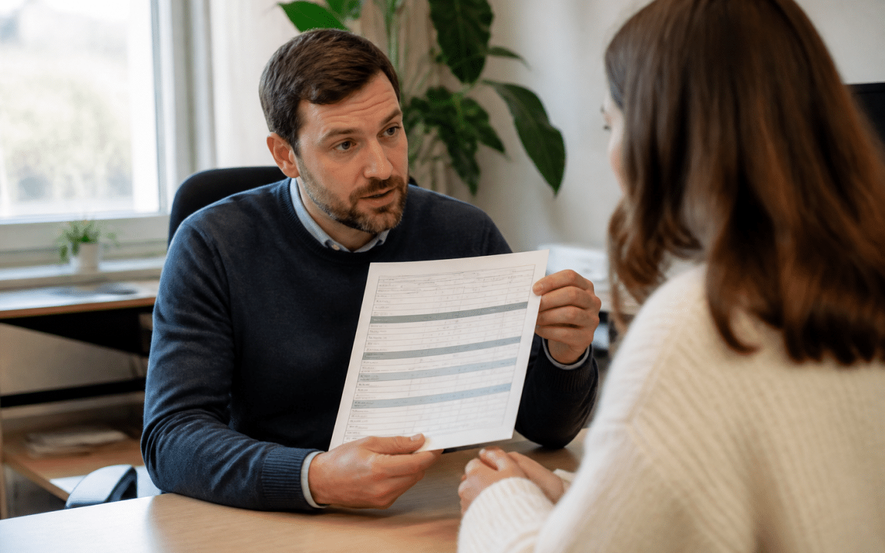 Employé consultant montre feuille horaires réduites assis.