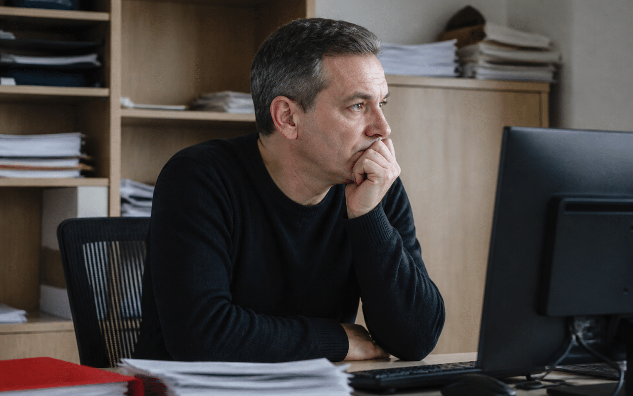 Employé assis attendant documents de paie sur bureau