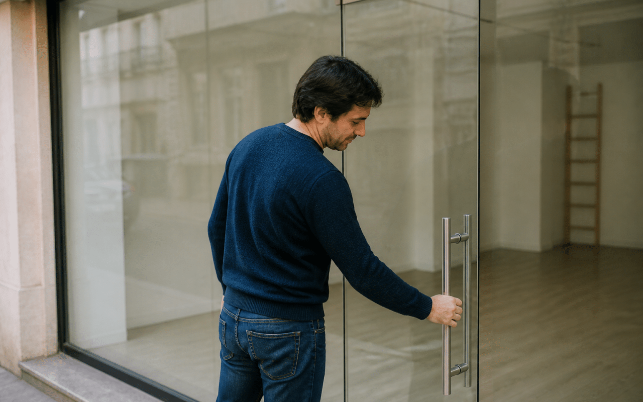 Entrepreneur ferme porte vitrée d'un commerce vide.