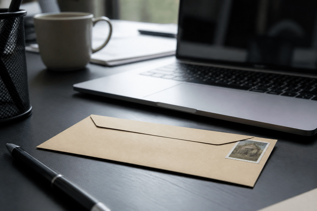 Enveloppe timbre et ordinateur bureau professionnel