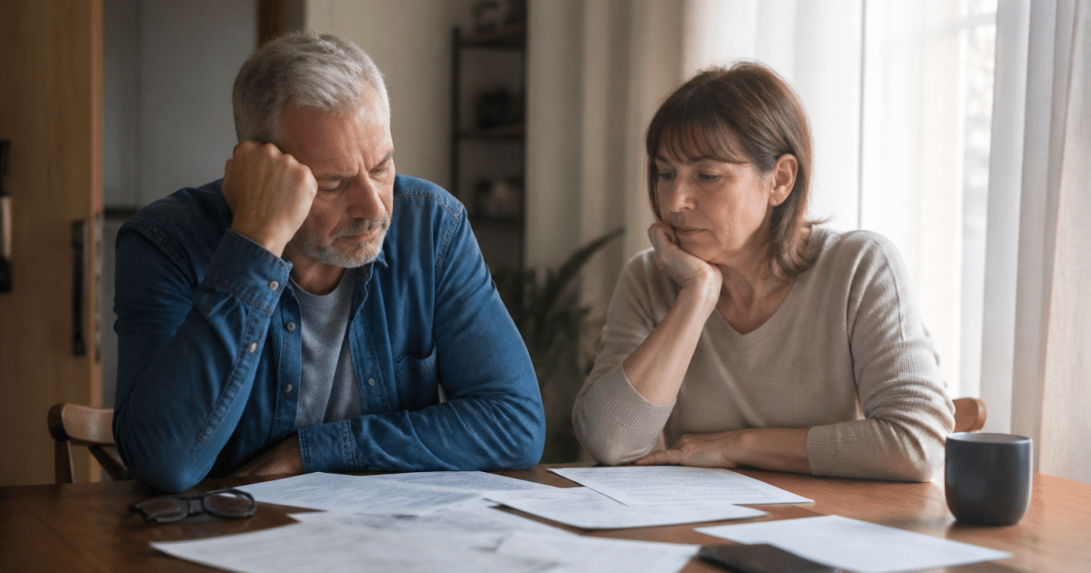 Couple assis face à documents financiers et testament sur table