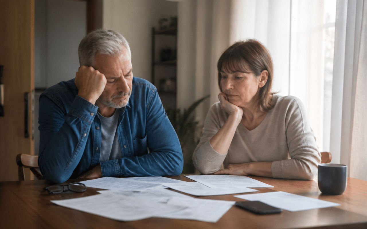 Couple assis face à documents financiers et testament sur table