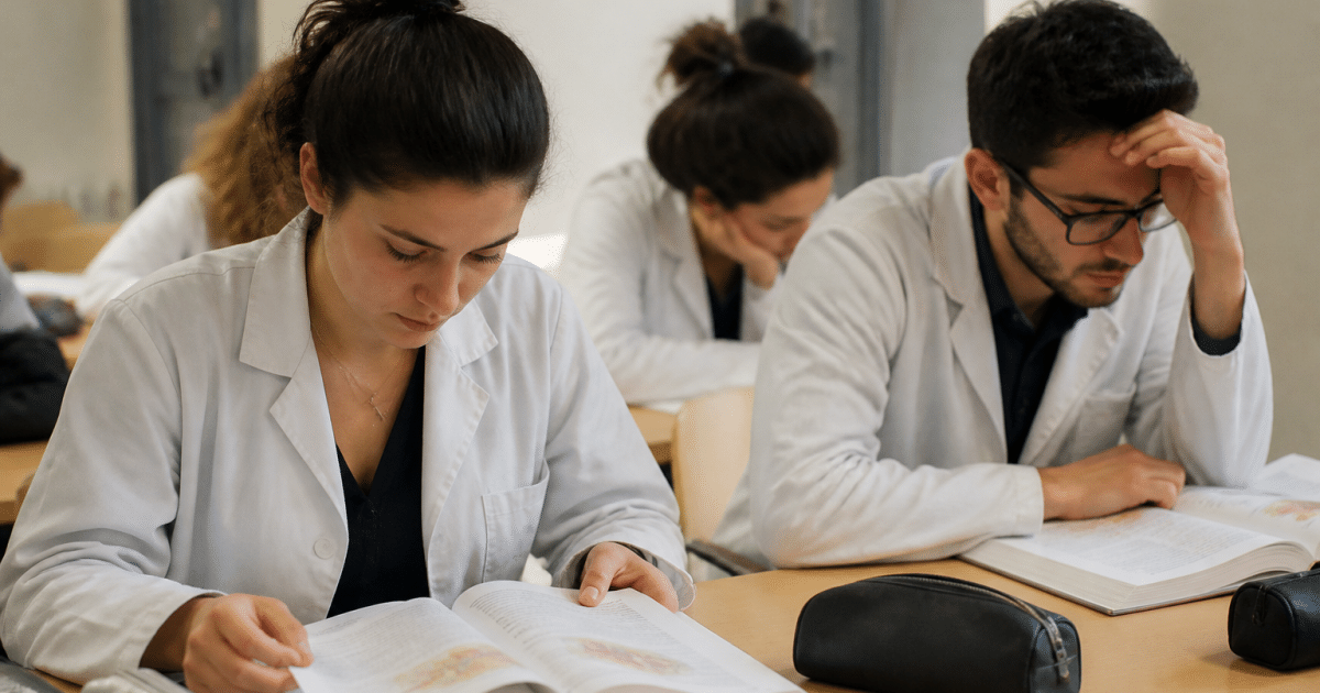 Etudiants assis a des bureaux consultant leurs livres medicaux.