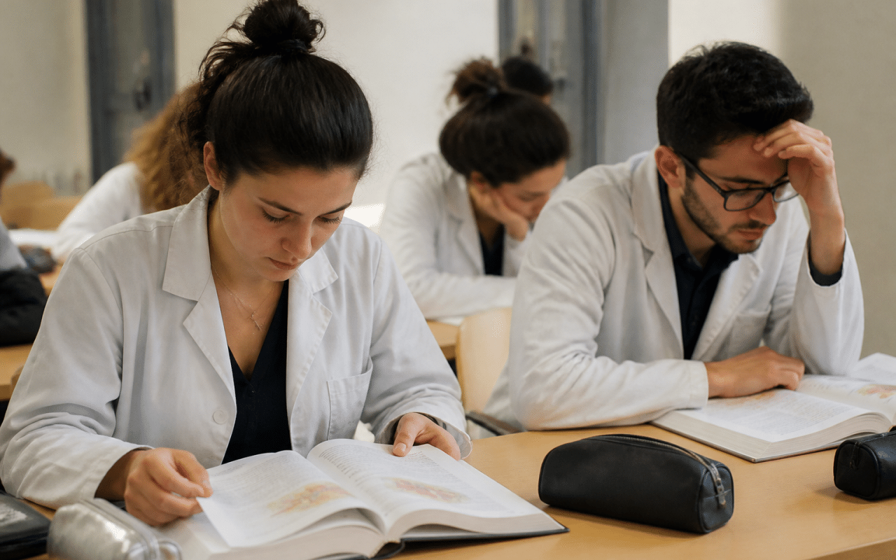 Etudiants assis a des bureaux consultant leurs livres medicaux.