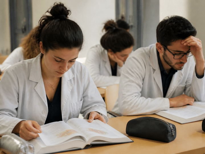 Etudiants assis a des bureaux consultant leurs livres medicaux.