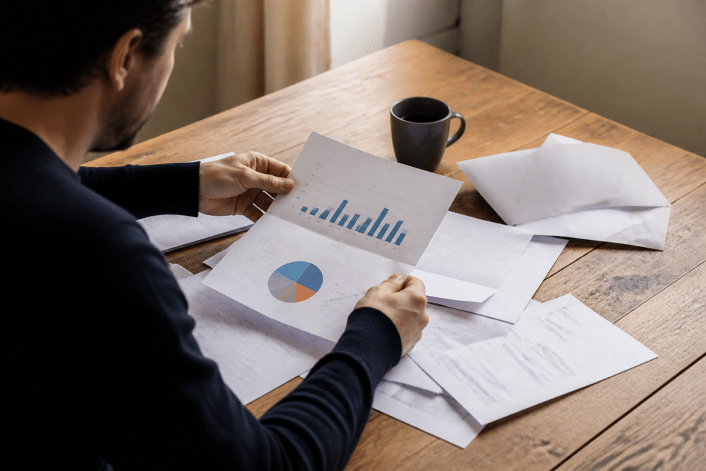 Documents financiers avec graphiques montrant revenus et dettes