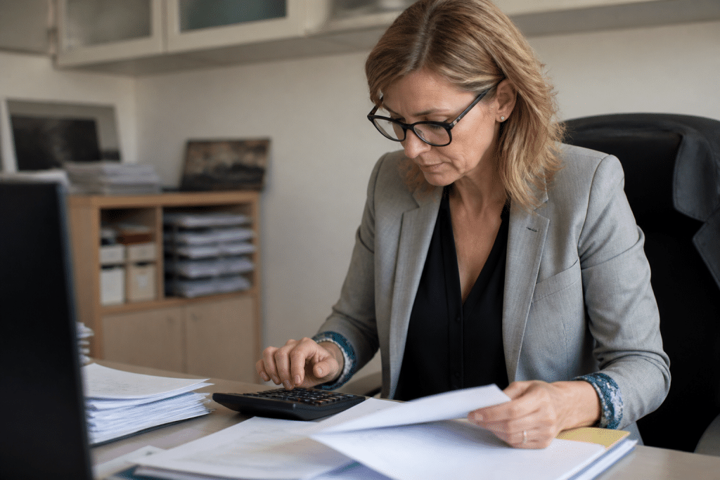Expert comptable examinant documents financiers avec calculatrice