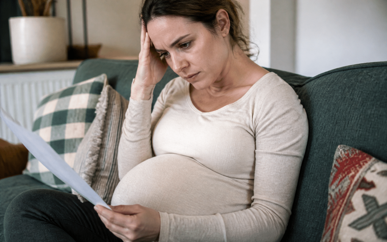 Femme enceinte assise consultant documents financiers inquiète