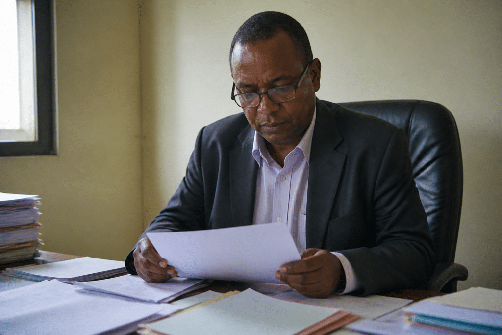 Fonctionnaire consultant documents administratifs sur bureau officiel