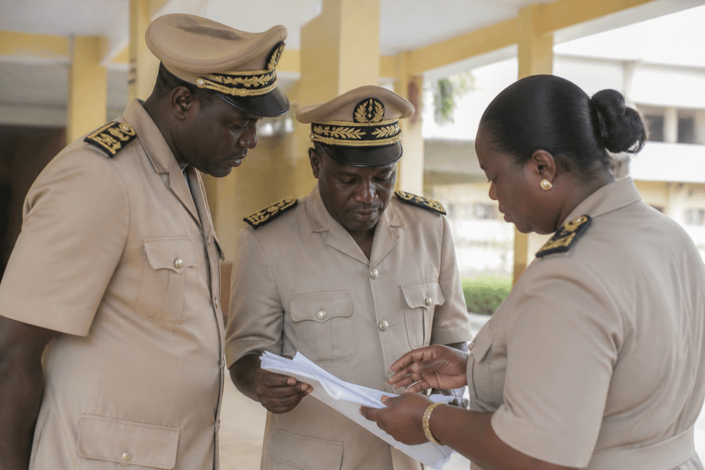 Groupe de fonctionnaires en uniforme consultant documents administratifs ensemble.