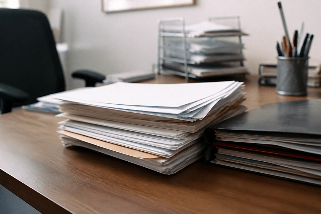Formulaires medicaux et documents administratifs sur bureau professionnel