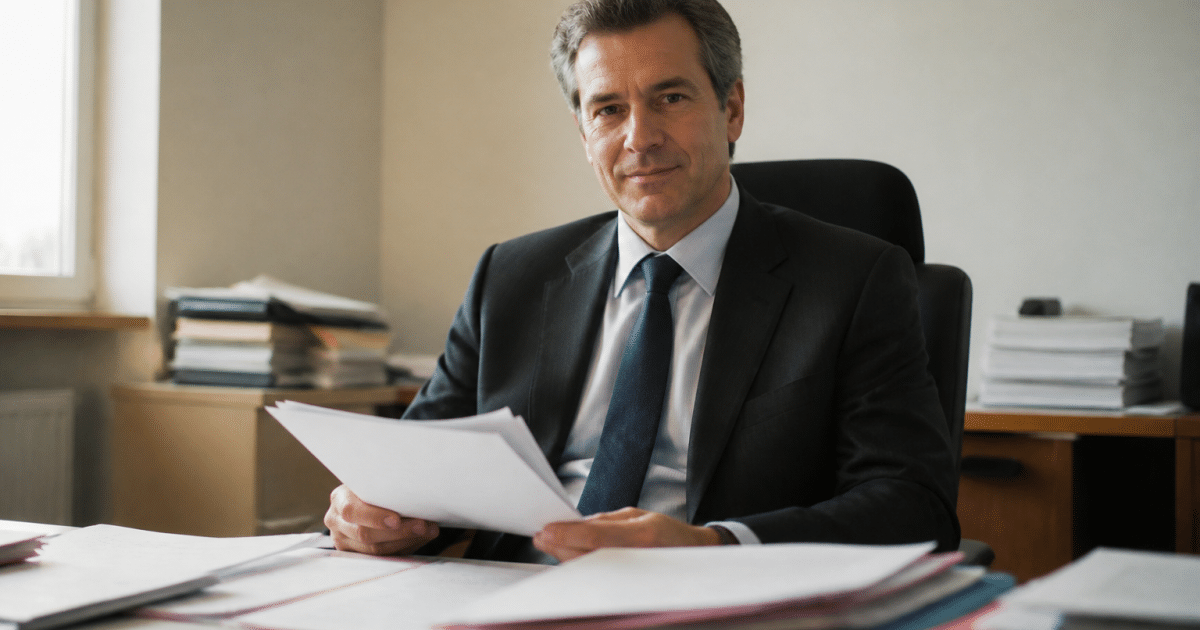 Homme en costume assis derriere bureau avec documents