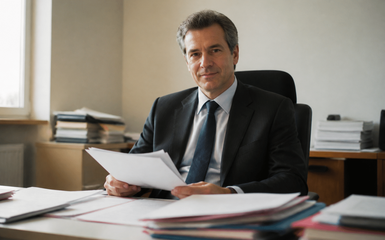 Homme en costume assis derriere bureau avec documents