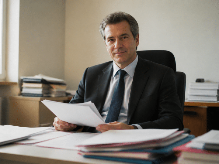 Homme en costume assis derriere bureau avec documents