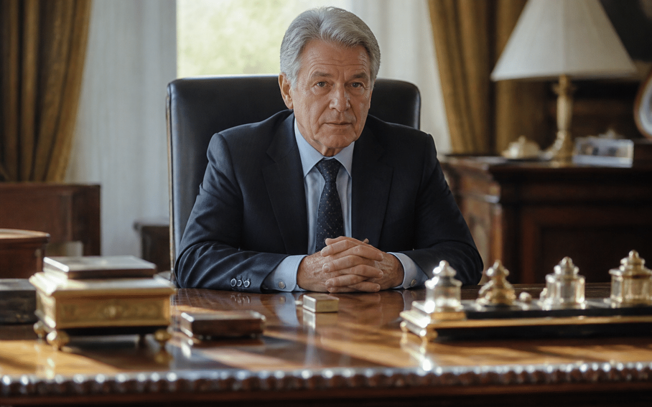Homme en costume assis derrière bureau presidential imposant.