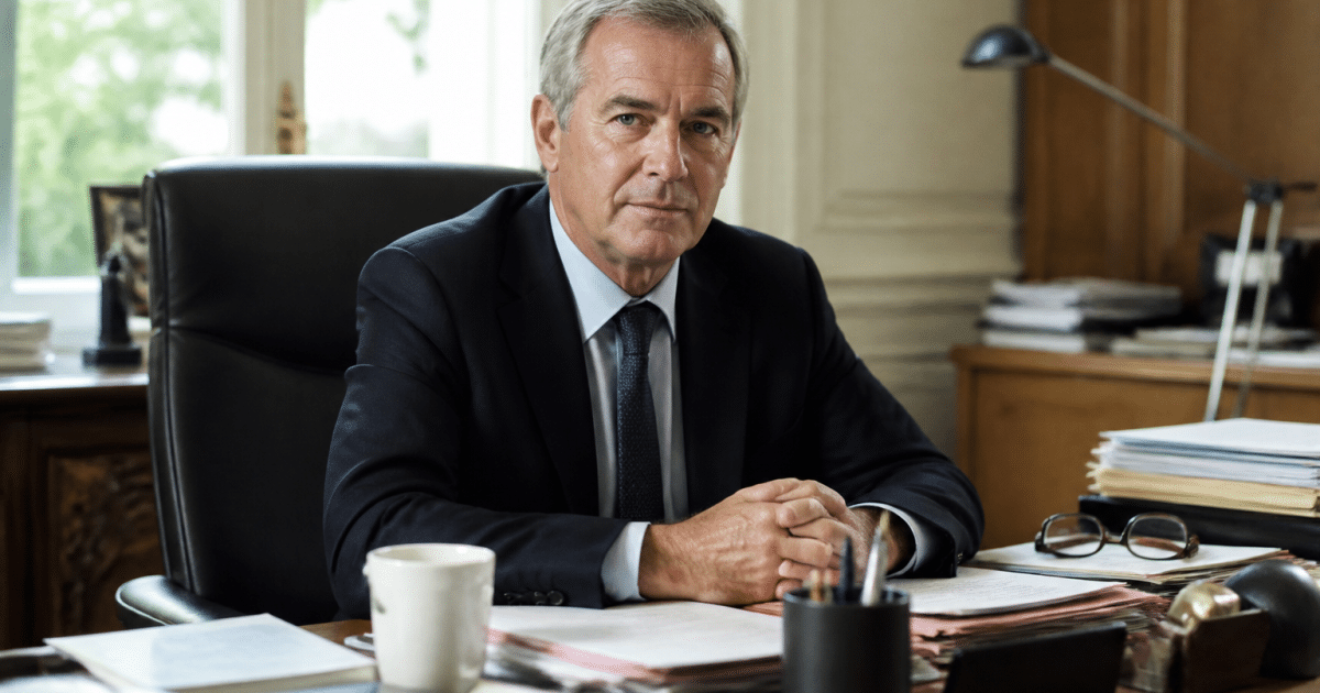 Homme en costume assis a un bureau presidentiel.