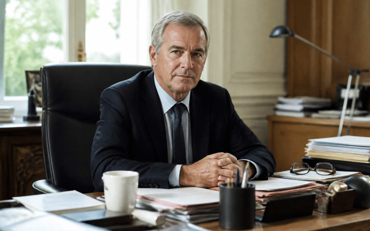 Homme en costume assis a un bureau presidentiel.