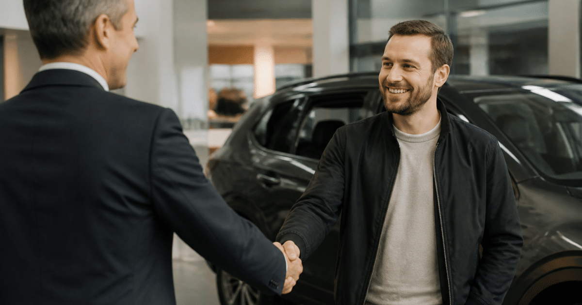 Homme en costume serrant la main d'un client satisfait.