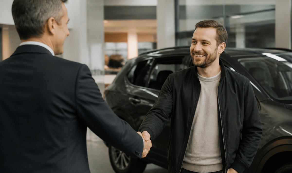 Homme en costume serrant la main d'un client satisfait.