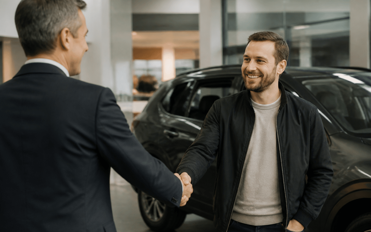 Homme en costume serrant la main d'un client satisfait.
