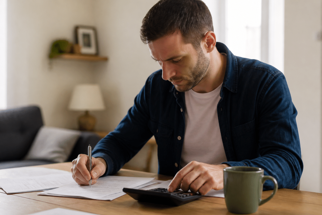 Homme verifiant des documents avec calculatrice et stylo