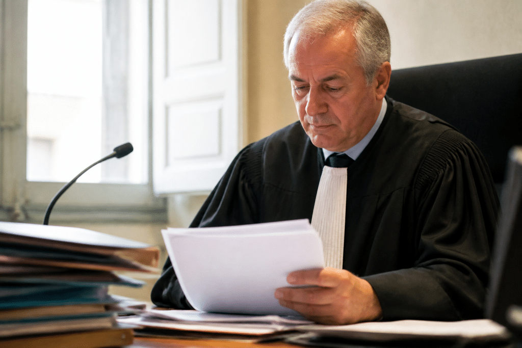 Juge examinant dossier contrat travail au tribunal