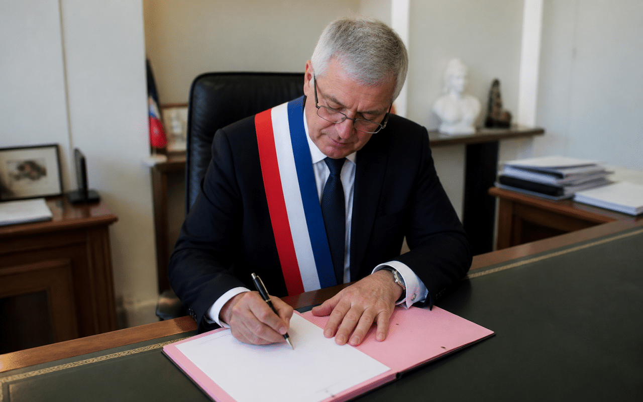 Maire assis a son bureau signant un document officiel