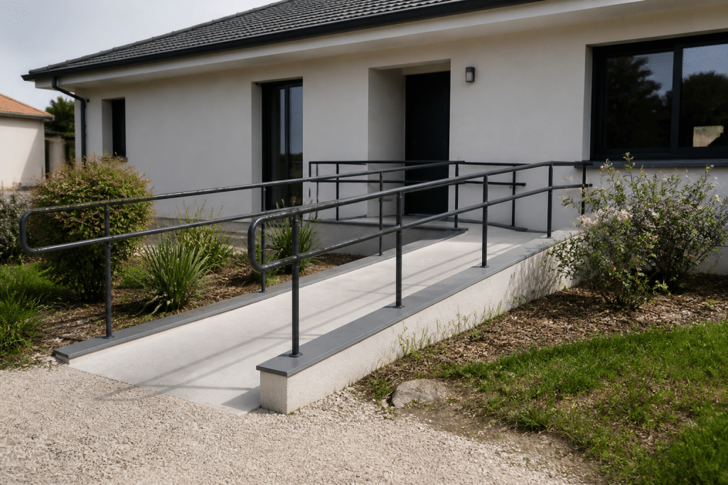 Maison moderne de plain-pied avec rampes d'accessibilite pour seniors