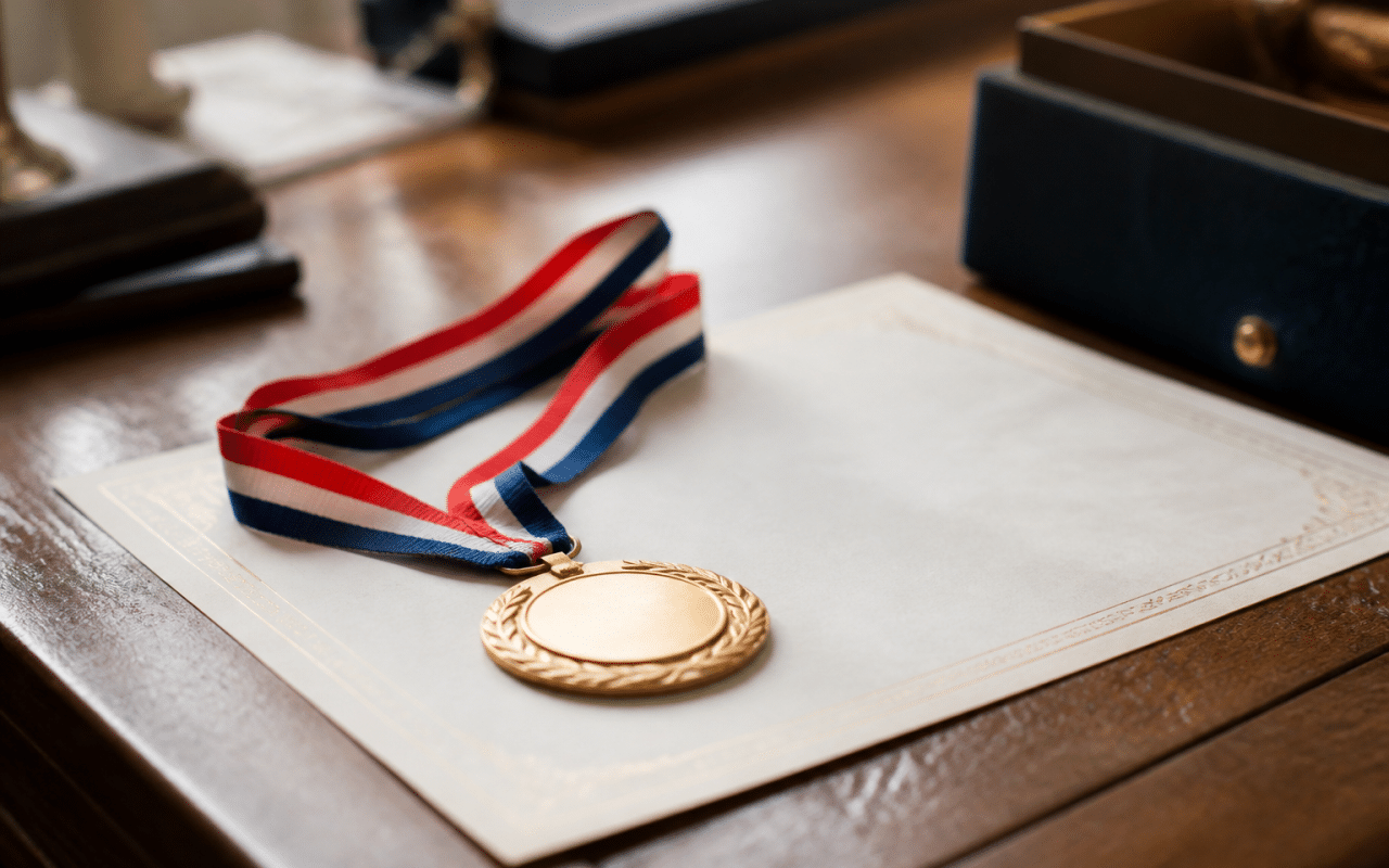 Medaille doree avec ruban tricolore sur document officiel