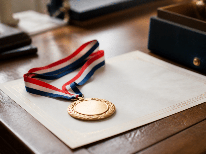 Medaille doree avec ruban tricolore sur document officiel