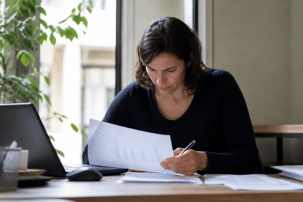 Femme seule consultant documents financiers à son bureau
