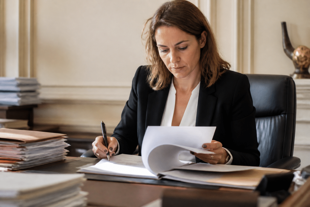 Notaire examinant documents officiels avec stylo noir