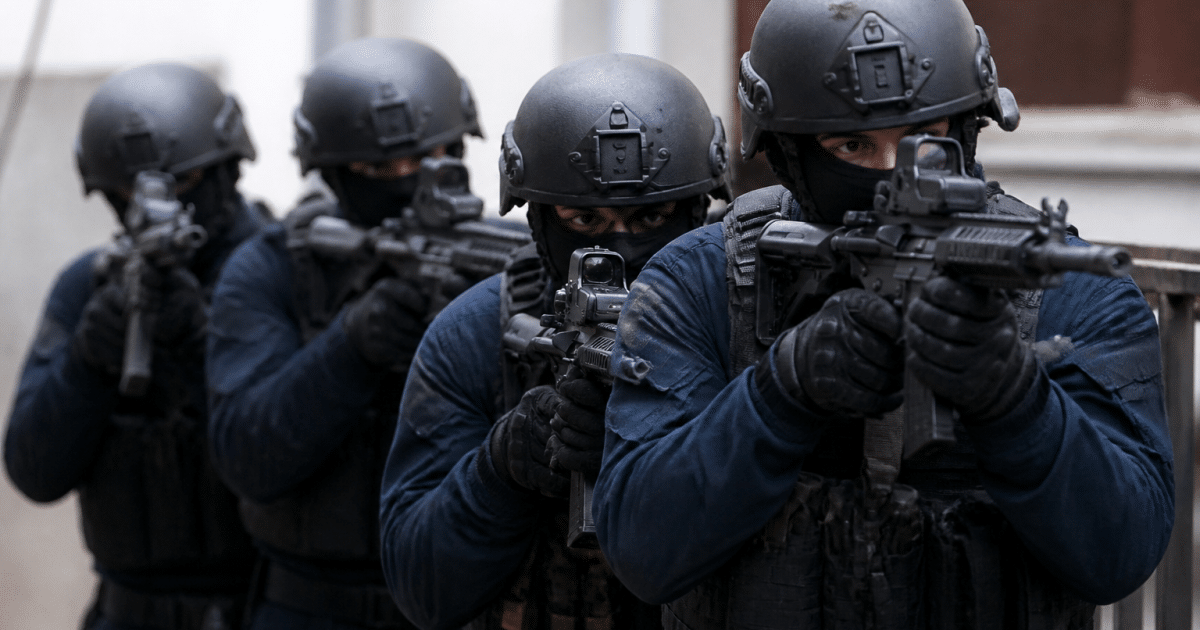 Officiers en uniforme bleu arrimes dans formation tactique.