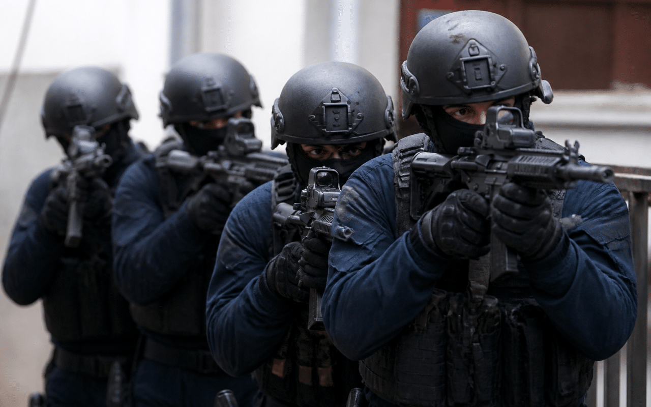 Officiers en uniforme bleu arrimes dans formation tactique.