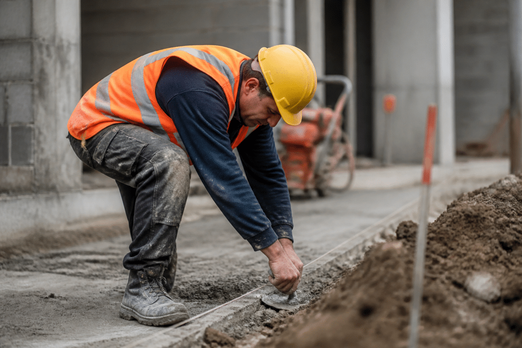 Ouvrier sur chantier portant casque jaune et gilet orange