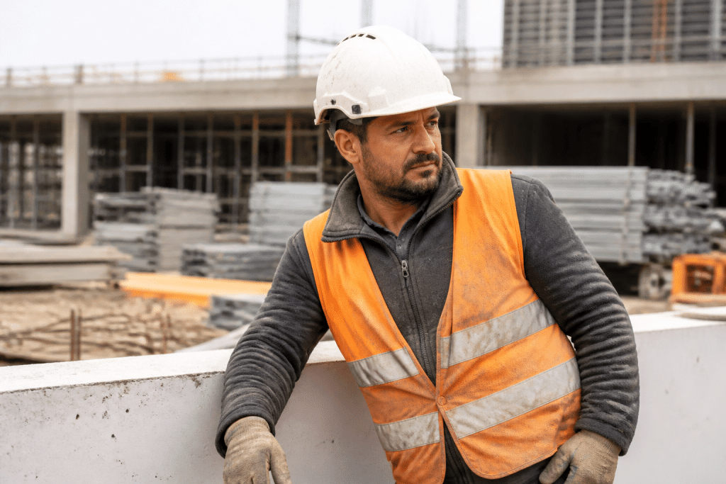 Ouvrier en gilet orange sur chantier de construction moderne