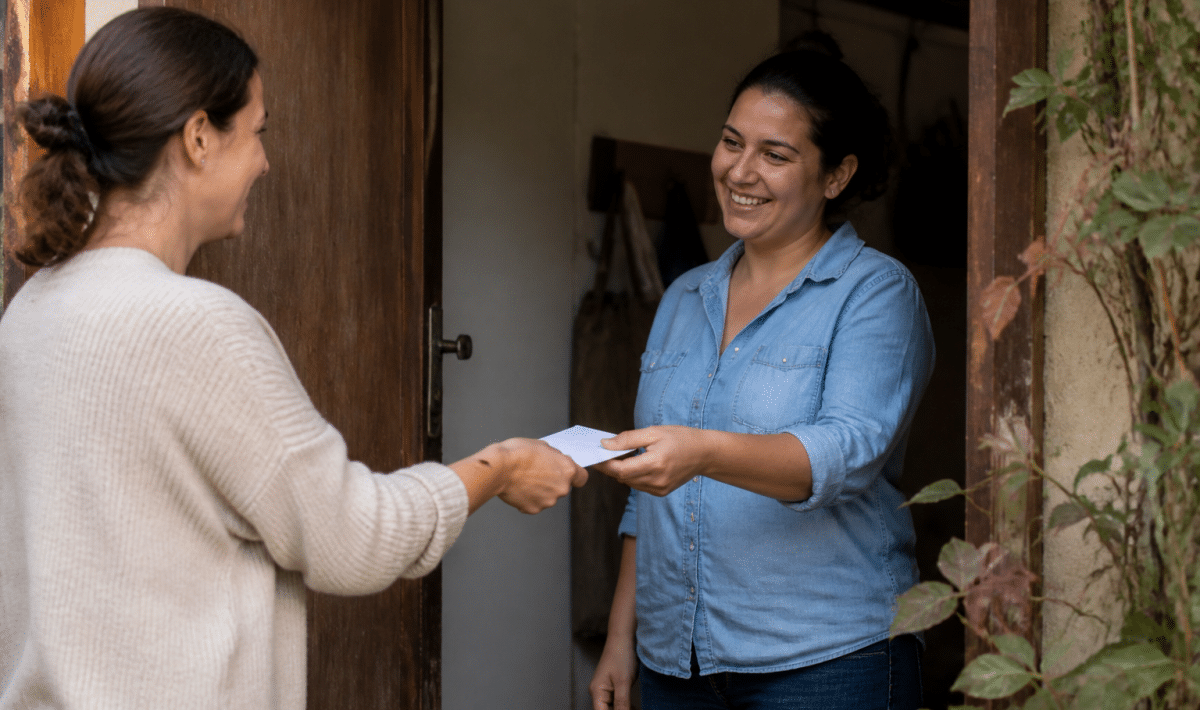 Parent remettant enveloppe argent a gardienne d'enfants