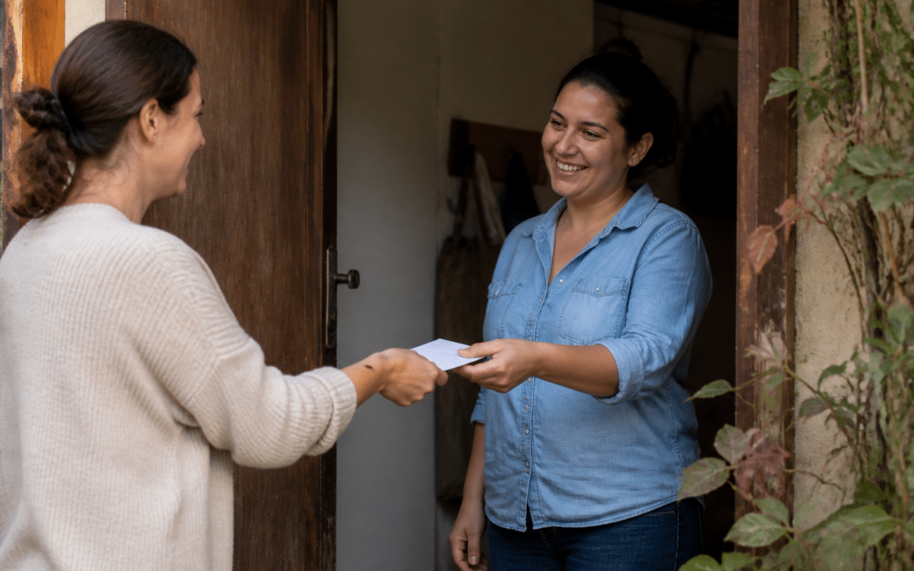 Parent remettant enveloppe argent a gardienne d'enfants