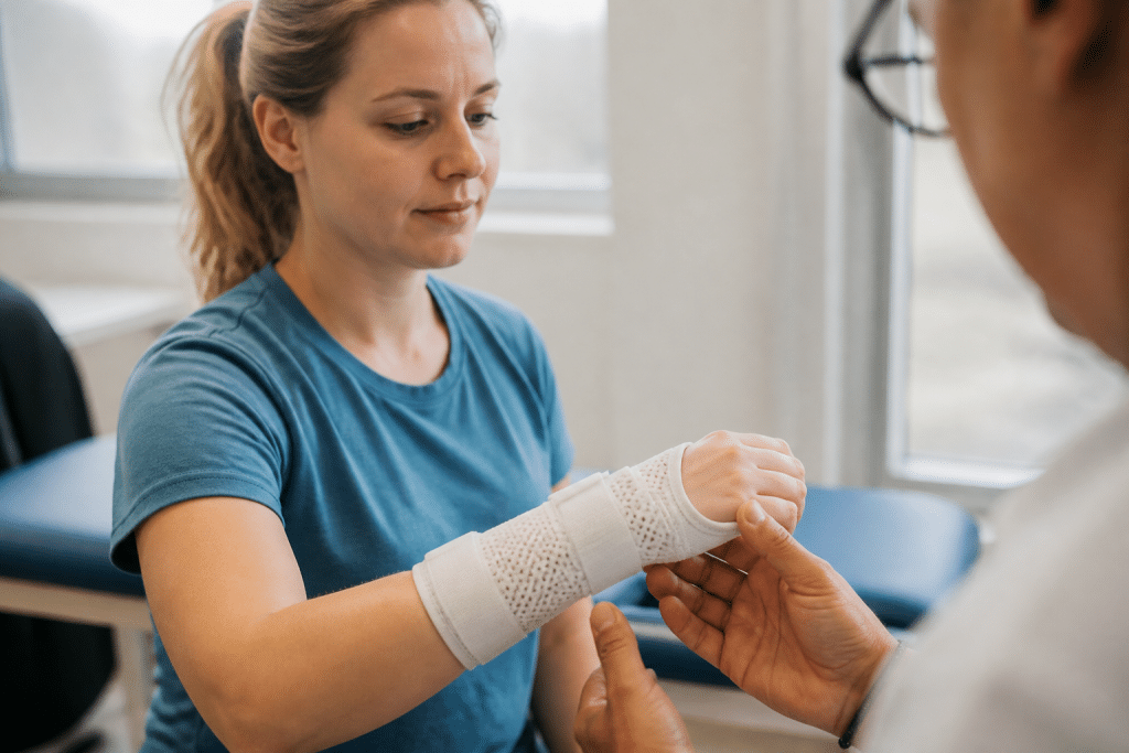 Patient portant une orthèse poignet blanc pendant examen medical