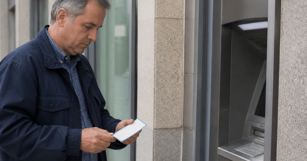Personne tenant cheque pres de distributeur automatique bancaire.