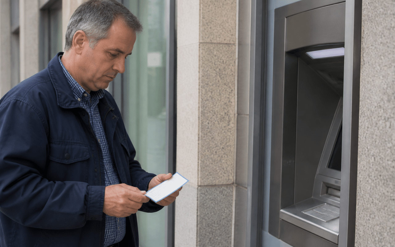 Personne tenant cheque pres de distributeur automatique bancaire.