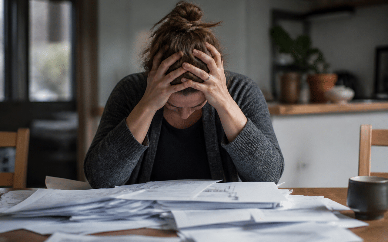 Personne accablee face a des factures et dettes empilees sur bureau