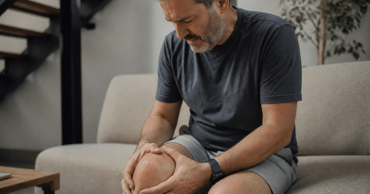 Personne assise tenant son genou enflé avec douleur.