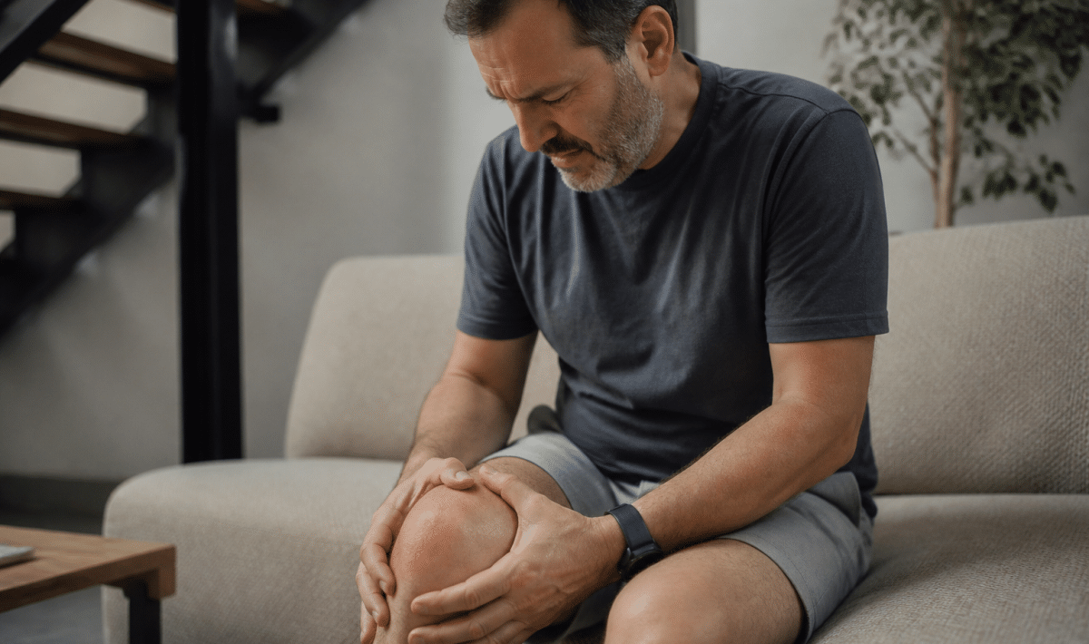 Personne assise tenant son genou enflé avec douleur.