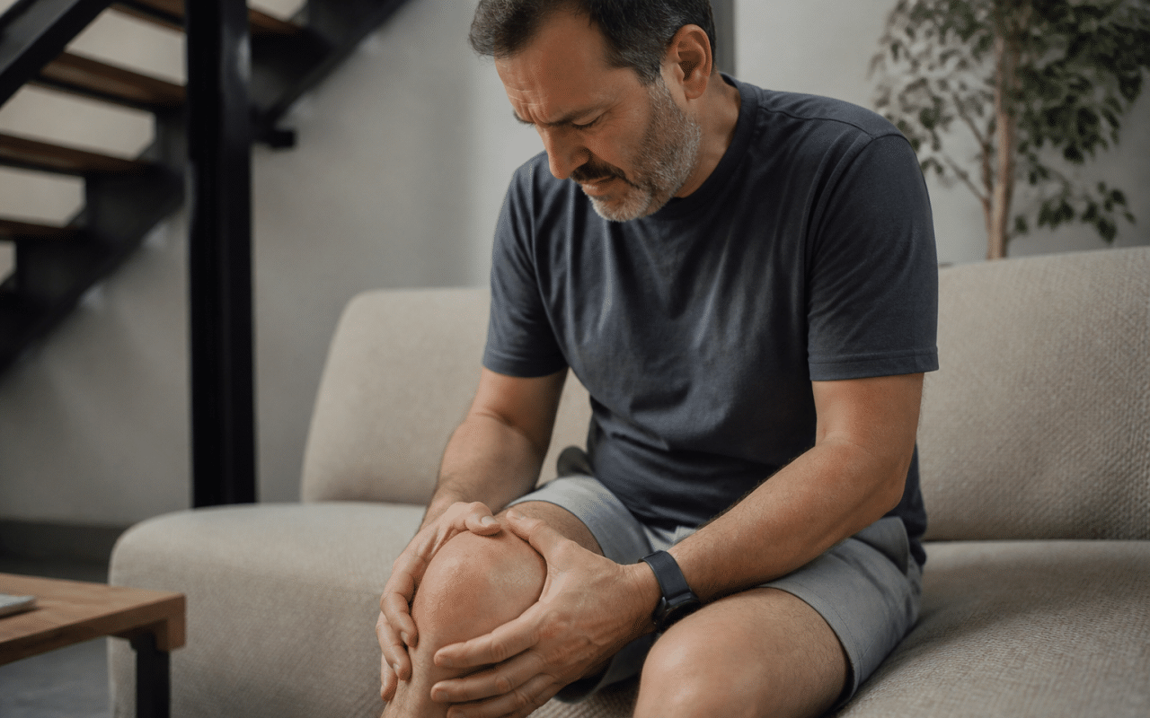 Personne assise tenant son genou enflé avec douleur.