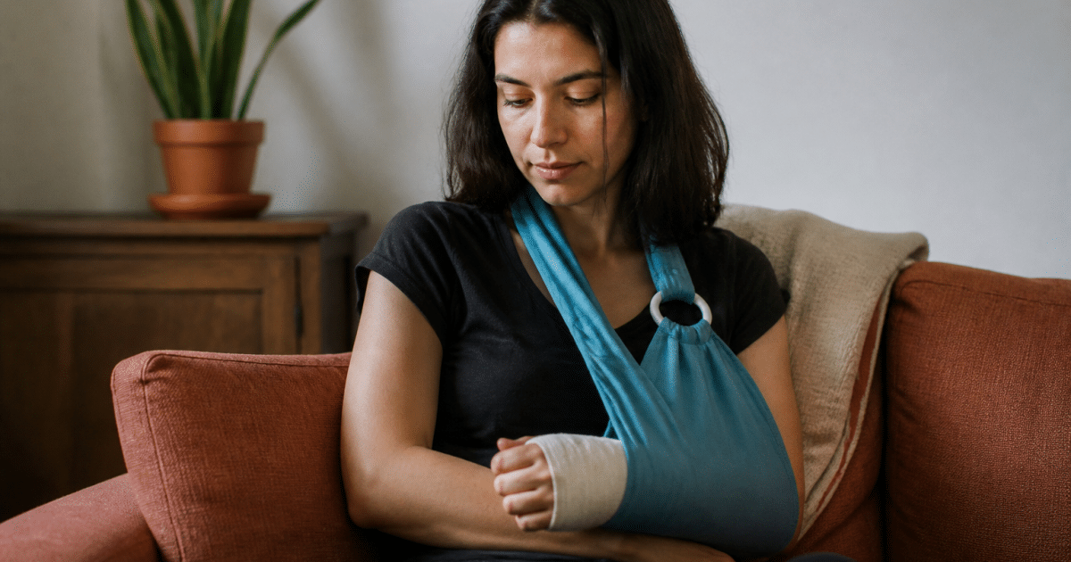 Personne assise tenant son bras immobilise avec une echarpe.