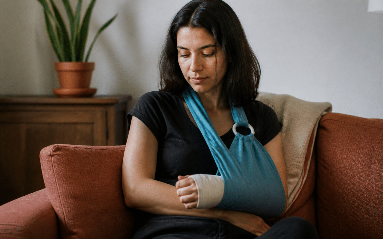 Personne assise tenant son bras immobilise avec une echarpe.