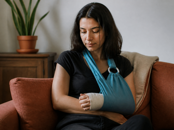 Personne assise tenant son bras immobilise avec une echarpe.